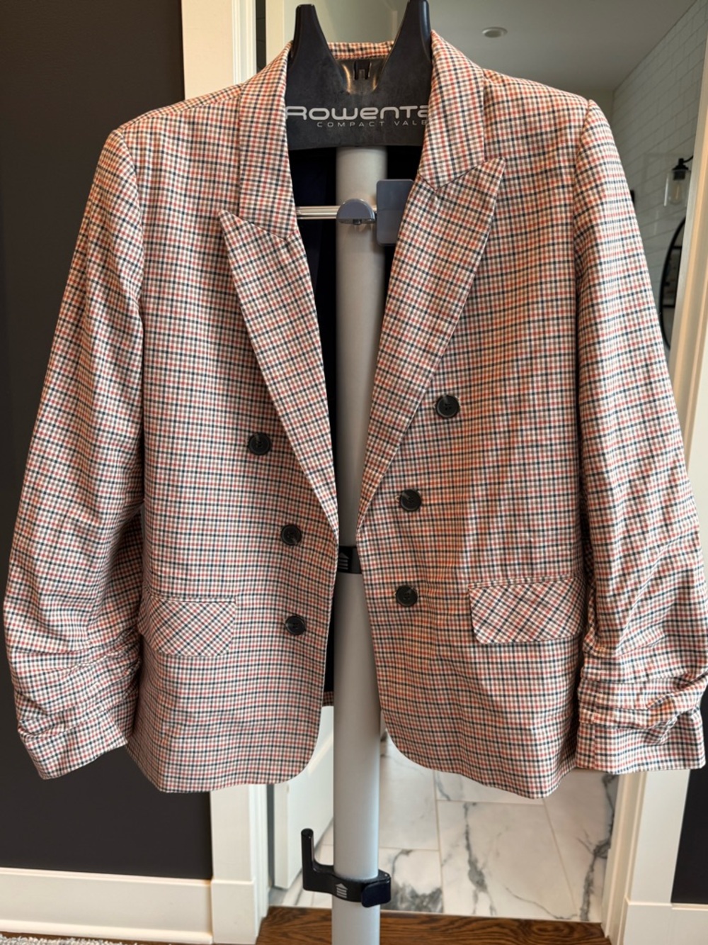1. State Checked Double-Breasted Blazer in Peach & Navy
